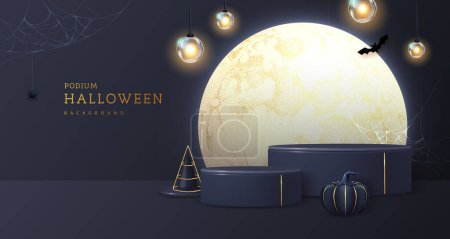 Illustration for Halloween showcase background with 3d podiums, halloween pumpkin and full moon. Halloween spooky background. Vector illustration - Royalty Free Image