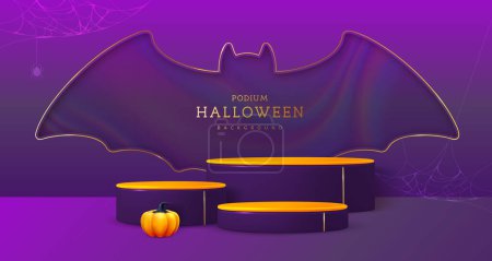Téléchargez les illustrations : Halloween vitrine arrière-plan avec podiums 3D, citrouille d'Halloween et chauve-souris découpée silhouette. Halloween fond effrayant. Illustration vectorielle - en licence libre de droit