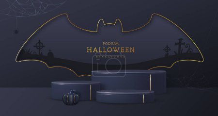 Téléchargez les illustrations : Halloween vitrine arrière-plan avec podiums 3D, citrouille d'Halloween et chauve-souris découpée silhouette. Halloween fond effrayant. Illustration vectorielle - en licence libre de droit