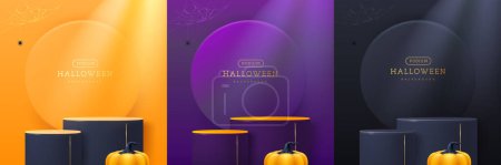 Illustration for Set of Halloween showcase backgrounds with 3d podiums, halloween pumpkin and spider web. Halloween spooky background. Vector illustration - Royalty Free Image