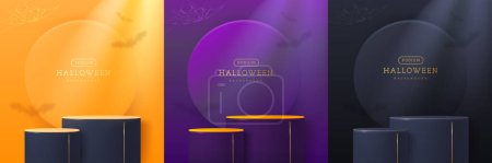 Illustration for Set of Halloween showcase backgrounds with 3d podium, spider web and bat shadow. Halloween spooky background. Vector illustration - Royalty Free Image
