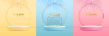 Illustration for Set of  yellow, pink and blue showcase backgrounds with 3d podium and palm leaf shadow. Vector illustration - Royalty Free Image