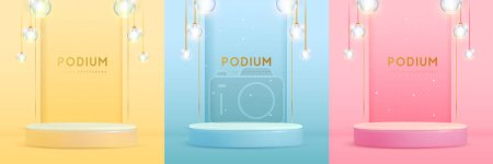 Illustration for Set of yellow, pink and blue showcase backgrounds with 3d podium and electric lamps. Vector illustration - Royalty Free Image