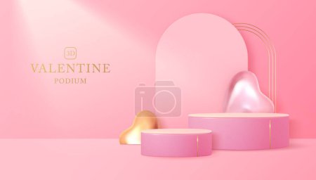 Ilustración de Feliz día de San Valentín muestra el fondo con el podio 3d, corazones de amor metálicos gloden y arco. Ilustración vectorial - Imagen libre de derechos