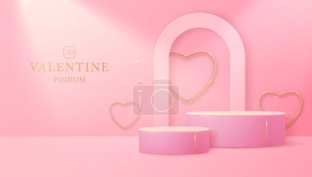Illustration for Happy Valentine`s day showcase background with 3d podium, gloden metallic love hearts and arch. Vector illustration - Royalty Free Image