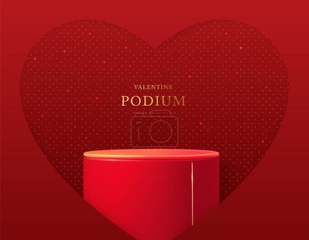 Ilustración de Feliz día de San Valentín muestra el fondo con el podio 3d y cortar la forma del corazón del amor. Ilustración vectorial - Imagen libre de derechos