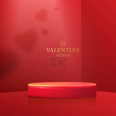 Téléchargez les illustrations : Happy Valentine`s day showcase background with 3d podium and love heart shape shadow. Illustration vectorielle - en licence libre de droit