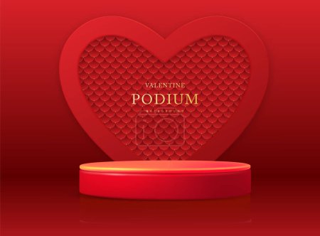 Ilustración de Feliz día de San Valentín muestra fondo con el podio 3d y el amor en forma de corazón. Ilustración vectorial - Imagen libre de derechos