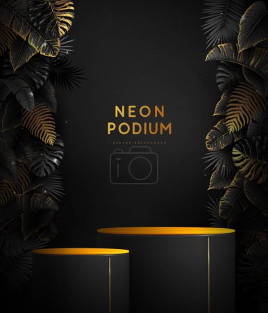 Illustration for Fluorescent black neon showcase background with 3d podium and tropic leaves.  Summer nature concept. Vector illustration - Royalty Free Image
