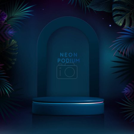 Illustration for Fluorescent neon showcase background with 3d podium and tropic leaves.  Summer nature concept. Vector illustration - Royalty Free Image