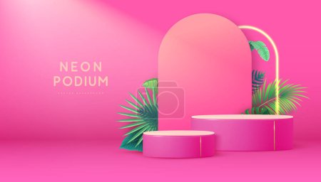 Illustration for Pink showcase background with 3d podium and tropic leaves. Summer nature concept. Vector illustration - Royalty Free Image
