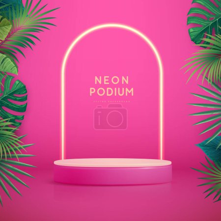 Illustration for Pink showcase background with 3d podium and tropic leaves. Summer nature concept. Vector illustration - Royalty Free Image