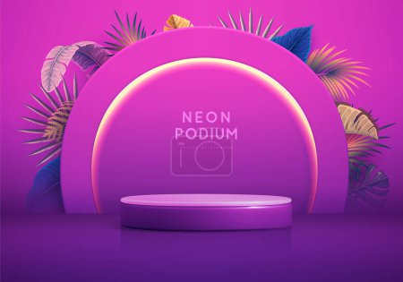 Illustration for Fluorescent neon showcase background with 3d podium and tropic leaves.  Summer nature concept. Vector illustration - Royalty Free Image