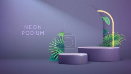 Illustration for Showcase background with 3d podium and green tropic leaves. Summer nature concept. Vector illustration - Royalty Free Image