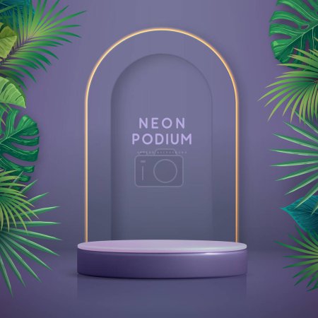 Illustration for Showcase background with 3d podium and green tropic leaves. Summer nature concept. Vector illustration - Royalty Free Image