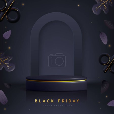 Illustration for Black friday big sale showcase background with 3d podium, arch, autumn leaves and percent sign. Vector illustration - Royalty Free Image