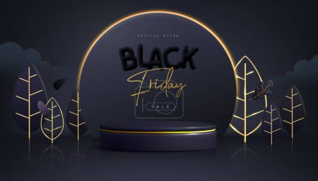 Illustration for Black friday big sale showcase background with 3d podium, neon frame and autumn leaves. Vector illustration - Royalty Free Image