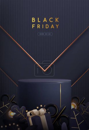 Illustration for Black friday big sale showcase background with 3d podium, string of lights, autumn leaves and gift box. Vector illustration - Royalty Free Image