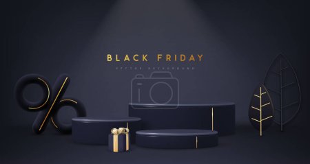 Illustration for Black friday big sale showcase background with 3d podium, tree, gift box and percent sign. Vector illustration - Royalty Free Image