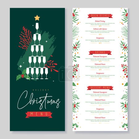 Téléchargez les illustrations : Restaurant Noël conception de menu de vacances avec pyramide de verres à champagne et décoration florale. Illustration vectorielle - en licence libre de droit
