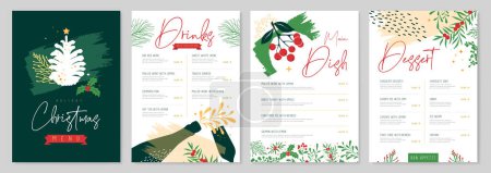 Téléchargez les illustrations : Restaurant Noël conception de menu de vacances avec décoration florale de Noël. Illustration vectorielle - en licence libre de droit
