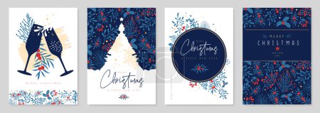 Ilustración de Conjunto de tarjetas de felicitación navideñas o cubiertas con decoración floral navideña. Ilustración vectorial - Imagen libre de derechos
