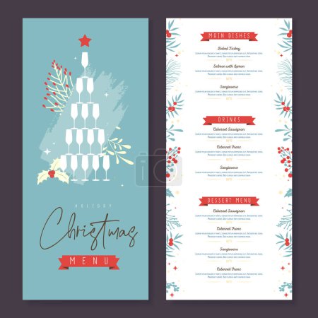 Téléchargez les illustrations : Restaurant Noël conception de menu de vacances avec pyramide de verres à champagne et décoration florale. Illustration vectorielle - en licence libre de droit
