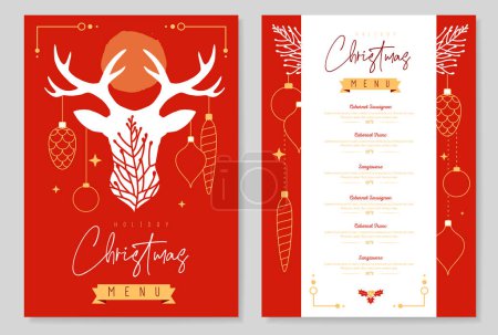 Téléchargez les illustrations : Restaurant Noël conception de menu de vacances avec desoration de Noël. Illustration vectorielle - en licence libre de droit
