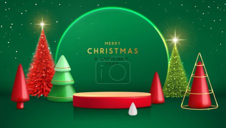 Illustration for Holiday Christmas showcase green background with 3d podiums, Christmas tree and neon arch. Abstract minimal scene. Vector illustration - Royalty Free Image