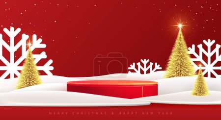 Ilustración de Navidad Navidad muestra fondo rojo con el podio 3d y el árbol de Navidad. Escena mínima abstracta. Ilustración vectorial - Imagen libre de derechos