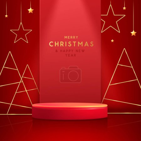 Illustration for Holiday Christmas showcase red background with 3d podium and Christmas tree. Abstract minimal scene. Vector illustration - Royalty Free Image