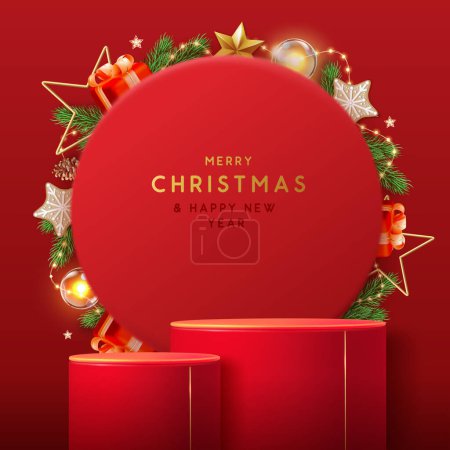 Illustration for Holiday Christmas showcase red background with 3d podium and Christmas decoration. Abstract minimal scene. Vector illustration - Royalty Free Image