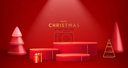 Ilustración de Navidad Navidad escaparate fondo rojo con podios 3d, árbol de Navidad y caja de regalo. Escena mínima abstracta. Ilustración vectorial - Imagen libre de derechos