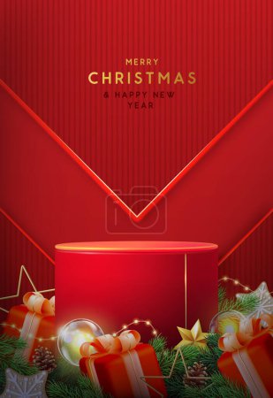 Illustration for Holiday Christmas showcase red background with 3d podium and Christmas decoration. Abstract minimal scene. Vector illustration - Royalty Free Image
