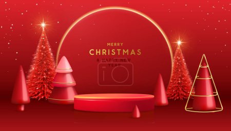 Ilustración de Navidad Navidad escaparate fondo rojo con podios 3d, árbol de Navidad y arco de neón. Escena mínima abstracta. Ilustración vectorial - Imagen libre de derechos