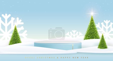 Téléchargez les illustrations : Noël vacances vitrine fond bleu avec podium 3d et arbre de Noël. Scène minimale abstraite. Illustration vectorielle - en licence libre de droit