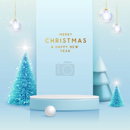 Téléchargez les illustrations : Noël vacances vitrine fond bleu avec podium 3d et arbre de Noël. Scène minimale abstraite. Illustration vectorielle - en licence libre de droit