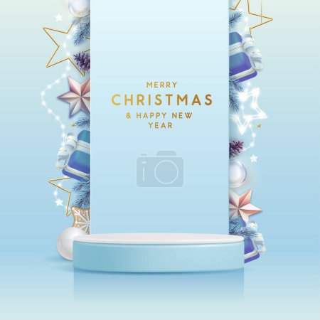 Illustration for Holiday Christmas showcase blue background with 3d podium and Christmas decoration. Abstract minimal scene. Vector illustration - Royalty Free Image