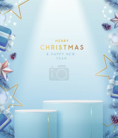Ilustración de Navidad Navidad escaparate fondo azul con el podio 3d y la decoración de Navidad. Escena mínima abstracta. Ilustración vectorial - Imagen libre de derechos