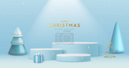 Ilustración de Navidad Navidad escaparate fondo azul con podios 3d, árbol de Navidad y caja de regalo. Escena mínima abstracta. Ilustración vectorial - Imagen libre de derechos
