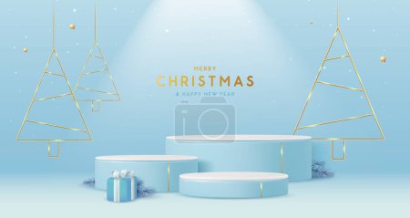 Téléchargez les illustrations : Vitrine de Noël de vacances fond bleu avec podiums 3d, arbre de Noël et boîte cadeau. Scène minimale abstraite. Illustration vectorielle - en licence libre de droit