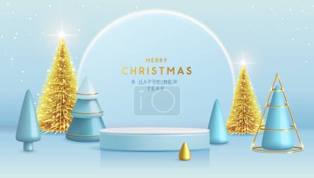 Téléchargez les illustrations : Vitrine de Noël de vacances fond bleu avec podiums 3d, arbre de Noël et arc néon. Scène minimale abstraite. Illustration vectorielle - en licence libre de droit