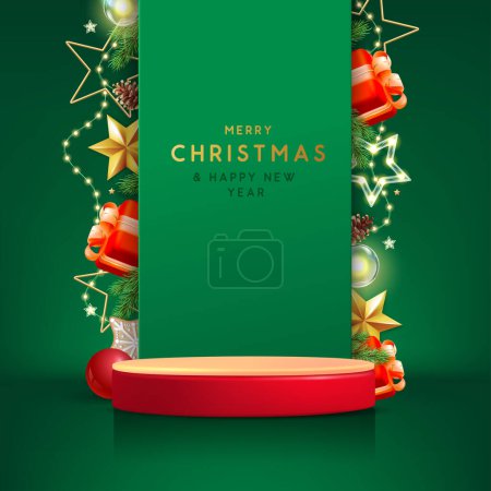 Illustration for Holiday Christmas showcase green background with 3d red podium and Christmas decoration. Abstract minimal scene. Vector illustration - Royalty Free Image