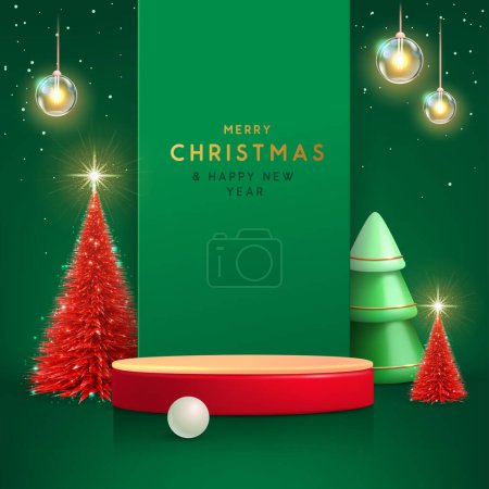 Ilustración de Navidad Navidad escaparate fondo verde con el podio 3d y el árbol de Navidad. Escena mínima abstracta. Ilustración vectorial - Imagen libre de derechos