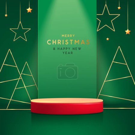 Ilustración de Navidad Navidad escaparate fondo verde con el podio 3d y el árbol de Navidad. Escena mínima abstracta. Ilustración vectorial. - Imagen libre de derechos