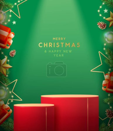 Illustration for Holiday Christmas showcase green background with 3d red podium and Christmas decoration. Abstract minimal scene. Vector illustration - Royalty Free Image