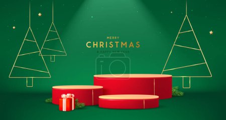 Illustration for Holiday Christmas showcase green background with 3d podiums, Christmas tree and gift box. Abstract minimal scene. Vector illustration - Royalty Free Image