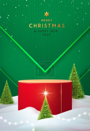 Ilustración de Navidad Navidad escaparate fondo verde con 3d podio y árboles de Navidad. Escena mínima abstracta. Ilustración vectorial - Imagen libre de derechos