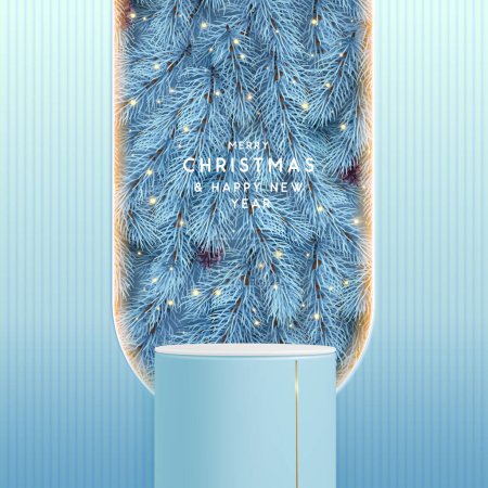 Ilustración de Navidad Navidad escaparate blanco brillante fondo con el podio 3d y la textura del árbol de Navidad. Escena mínima abstracta. Ilustración vectorial - Imagen libre de derechos