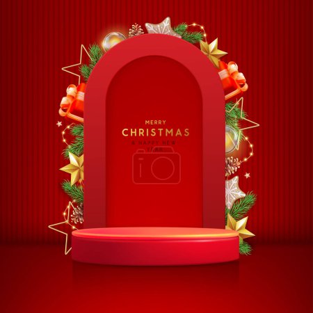 Ilustración de Navidad Navidad escaparate fondo rojo con el podio 3d y la decoración de Navidad. Escena mínima abstracta. Ilustración vectorial - Imagen libre de derechos